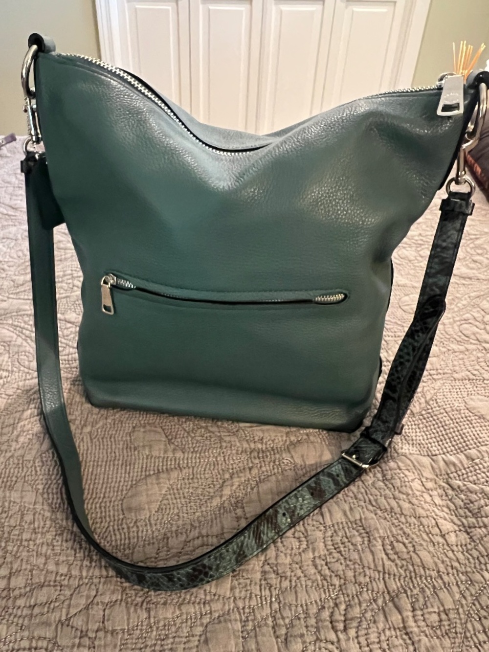 Coach Teal Blue-Green Leather Bag with Snakeskin Strap Silver Zippered Pockets
